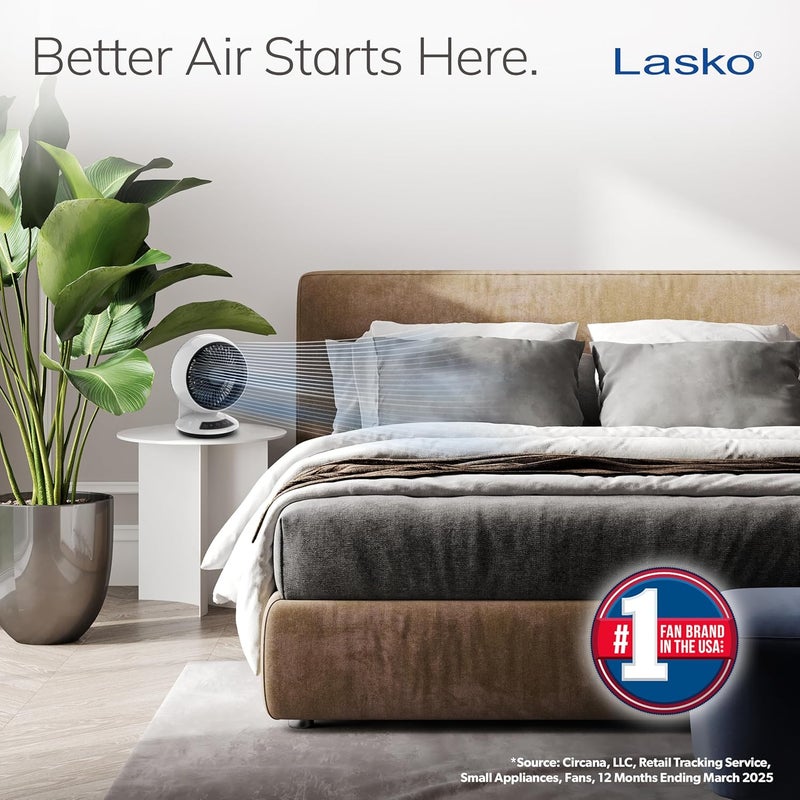 Lasko Whirlwind Orbital Motion Air Circulator Table Fan, 3 Speeds, Timer, Dark Mode, Remote Control for Small and Medium Sized Rooms, White, A12557 - Image 2